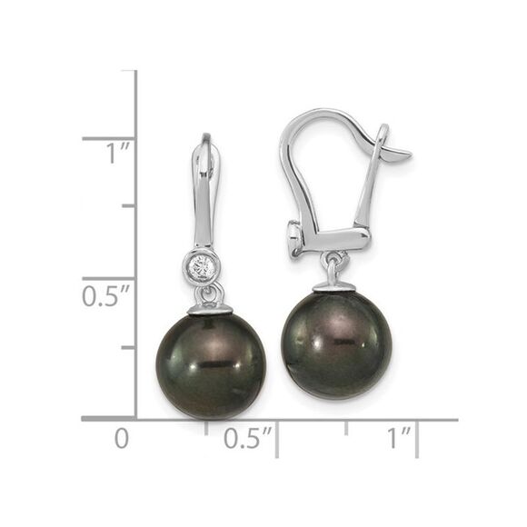 14K White Gold Black Saltwater Tahitian Dangle Pearl Earrings (9-10mm) - Picture 4 of 4